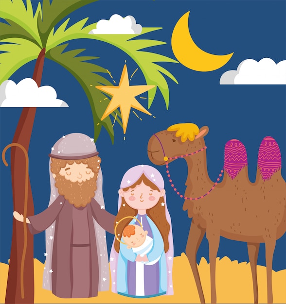 Joseph and mary carring baby and camel on the desert