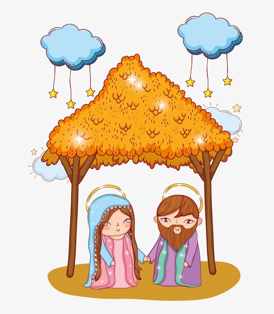 joseph and mary in the manger with clouds stars