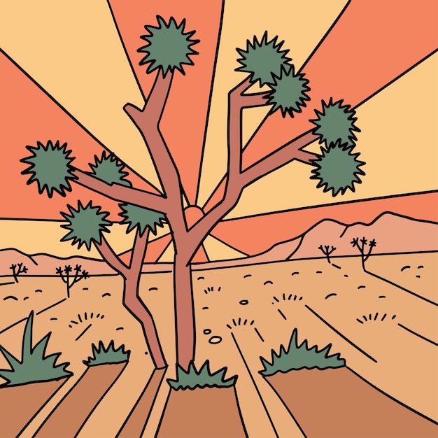 砂漠国立公園のジョシュア ツリー プリント デザイン日没夜の風景手描き線形レトロ ve