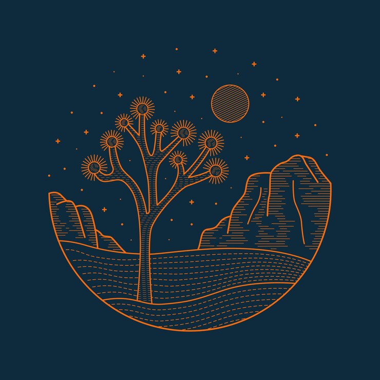 Vector joshua tree national park in night view mono line vector illustratio