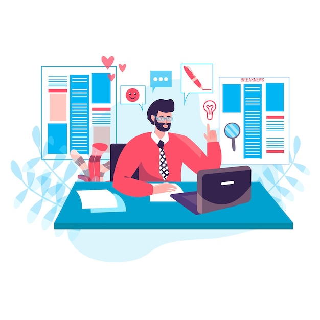 Journalism concept. Editor works in editorial office of online media or newspaper and selects articles from journalists character scene. Vector illustration in flat design with people activities