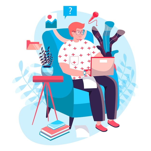 Journalism concept. journalist writes article sitting in chair with laptop. freelance writer works in home for online media character scene. vector illustration in flat design with people activities