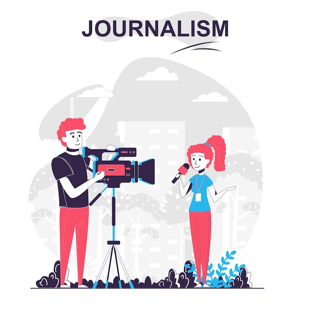 Vector journalism isolated cartoon concept journalist makes report records story with cameraman