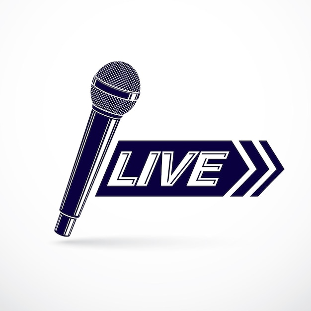 Logo vettoriale a tema giornalistico creato con illustrazione del microfono e composto con iscrizione dal vivo. tema dei social media.