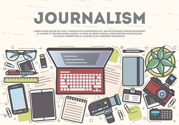 Journalism top view banner in line art style