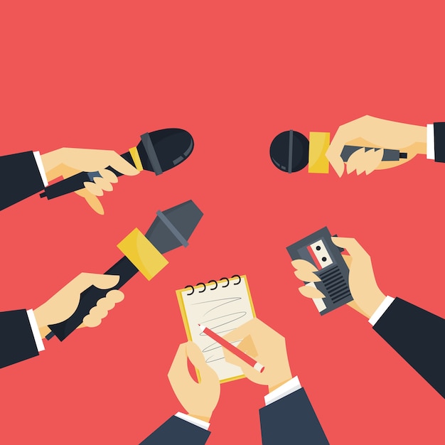 Journalist concept. Hand met microfoon. Verslaggever neemt interview