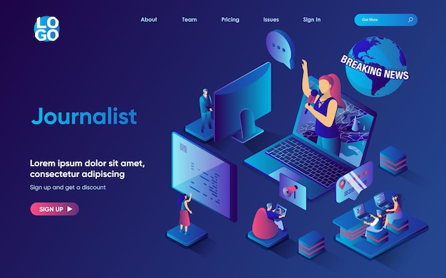 Journalist concept isometric landing page Team creates news program in studio writes articles