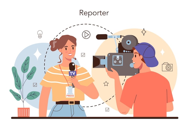 Journalist concept Newspaper internet and radio journalism TV reporter interviewing a person with a microphone Mass media profession Vector flat illustration