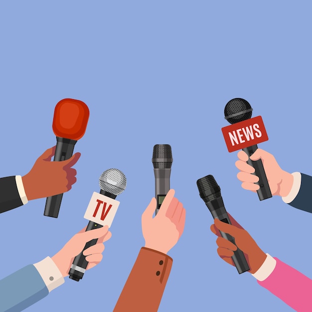 Vector journalist hands with microphones. reporters with mics take interview for news broadcast, press conference or newscast. media vector. illustration media news, reporter journalist with microphone