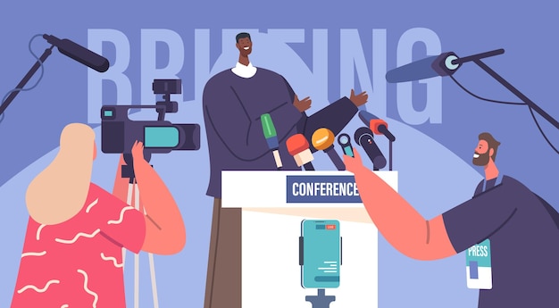 Journalist Interviewing Politician During Briefing Or Press Conference African Man Speak With Reporter Illustration