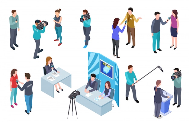 Journalist isometric. camera man tv crew studio press news broadcast journalists mass media broadcasting radio interview   set