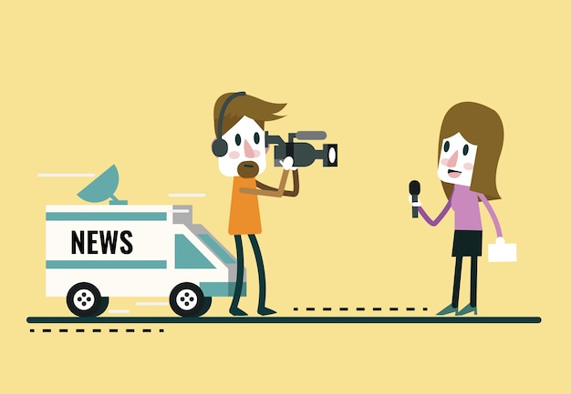 Journalist news reporter interview, with journalist and interviewer.  flat character design.vector illustration cartoon.