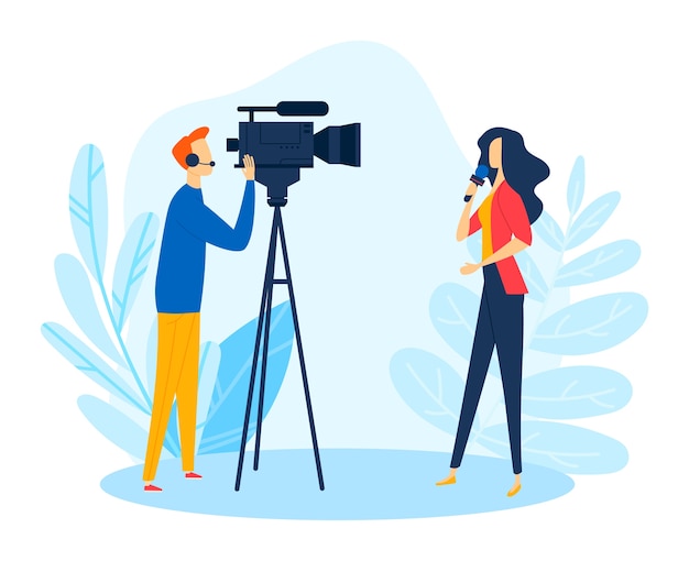 Journalist reporter near camera, tv news media work with microphone illustration. Cameraman record video, woman professional press correspondent character in cartoon journalism.