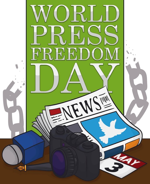 Vector journalist's work elements and broken chains for a peaceful world press freedom day