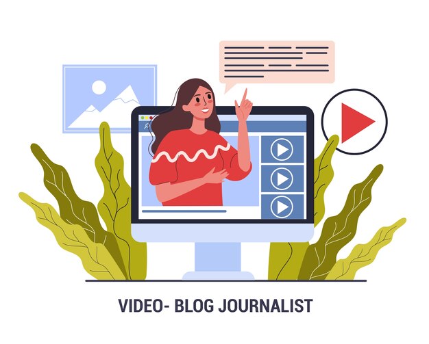 Journalist video blogger. mass media profession. woman share content