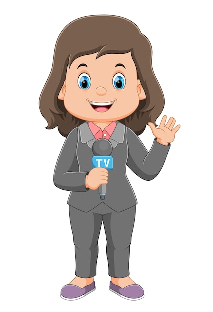 Vector journalist woman beautiful lady reporter holding microphone