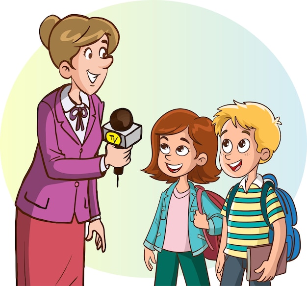 Journalist woman doing street interview with students and children