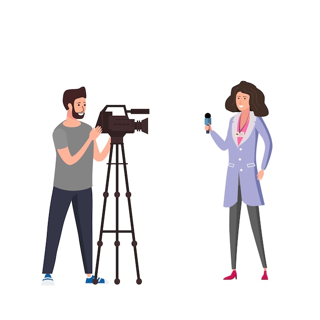 journalist woman reporter presenting live news talk with man operator cameramen using video camera