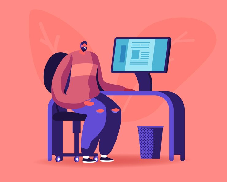 Vector journalist writing story or editor editing newspaper article sitting at desk with personal computer in update checking publication department. cartoon flat illustration