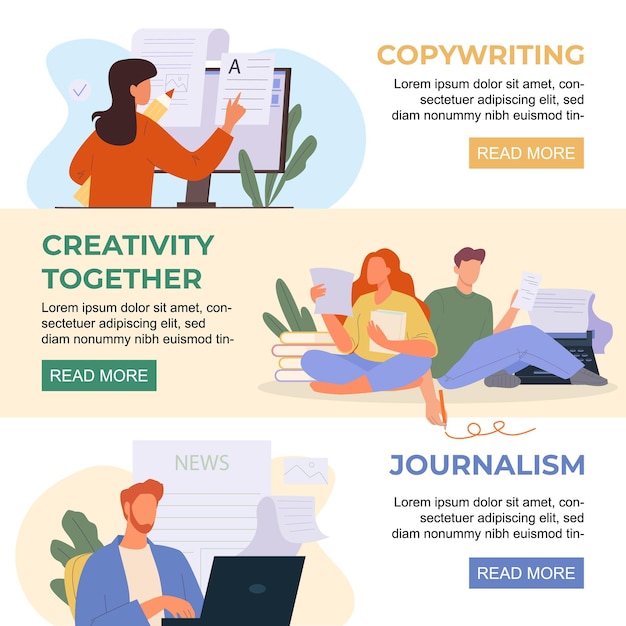 Vector journalisten copywriting banners tekst typen concept horizontale banners stripfiguren schrijven met laptop boek of lijsten vector cartoon platte karakters horizontale achtergronden