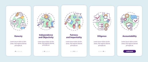 Journalistic ethics standards onboarding mobile app page screen illustration