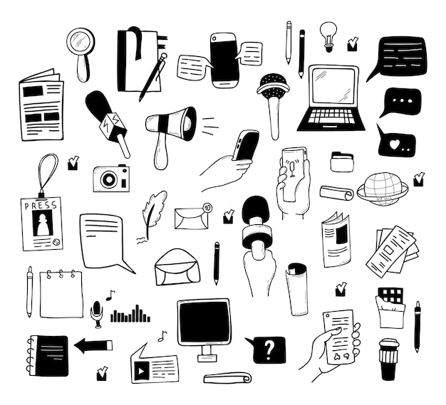 Journalistiek doodle Items van journalisten verslaggevers microfoon stemrecorder laptop bullhorn krant