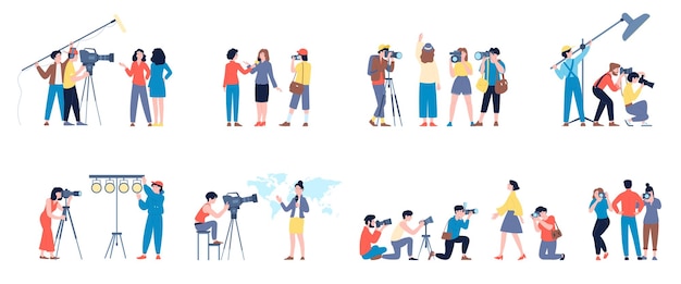 Journalists characters operator travel blogger on job Flat cartoon reporters mass media professionals with cameras Tv show and photographers recent vector set