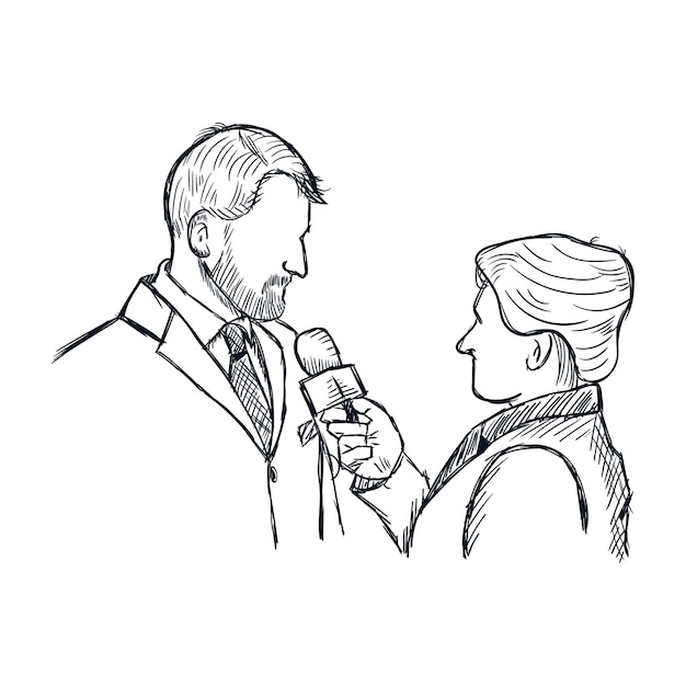 Journalists interviewing source political or businessman line sketch drawing grunge illustration