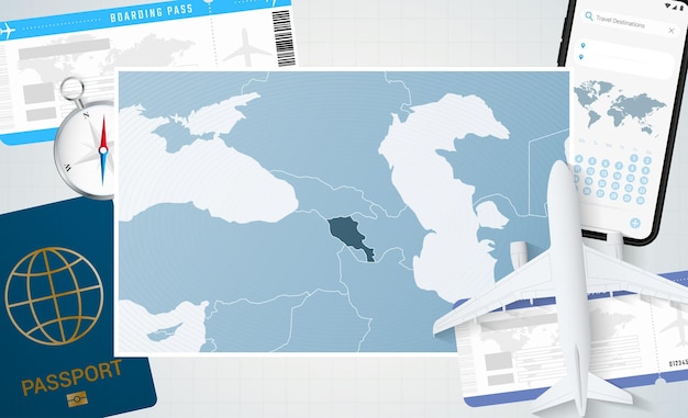 Illustrazione di viaggio in armenia con una mappa dell'armenia sfondo con bussola e biglietti per passaporto e telefono cellulare in aereo