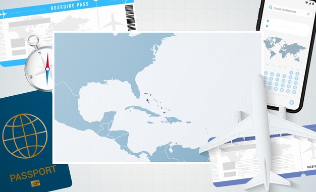 Journey to The Bahamas illustration with a map of The Bahamas Background with airplane cell phone passport compass and tickets