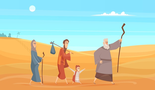 Vector journey of bible characters. narrative historical background holy people going in dessert landscape from scenery god vector illustration. traditional christian biblical legend, desert journey