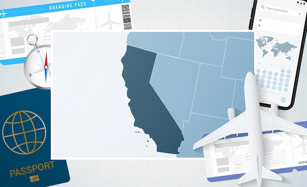 Illustrazione del viaggio in california con una mappa della california sfondo con bussola e biglietti per il passaporto del telefono cellulare in aereo