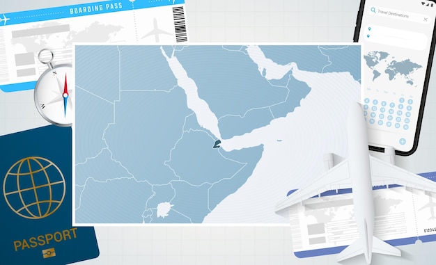 Illustrazione del viaggio a gibuti con una mappa dello sfondo di gibuti con bussola e biglietti per il passaporto del telefono cellulare dell'aereo