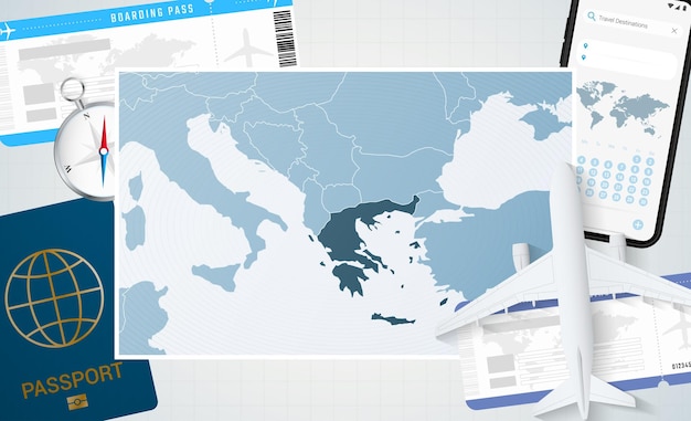 Journey to Greece illustration with a map of Greece Background with airplane cell phone passport compass and tickets