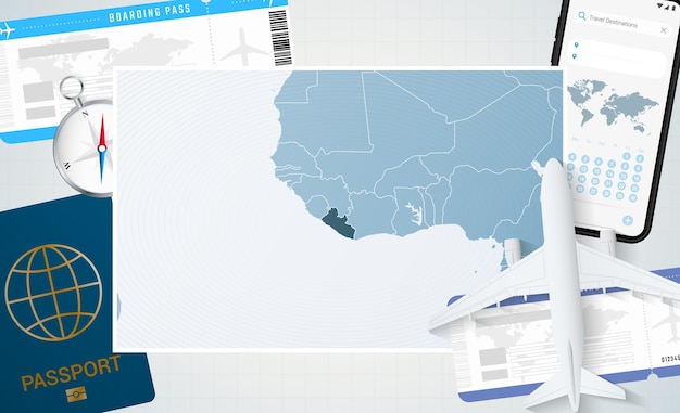 Journey to Liberia illustration with a map of Liberia Background with airplane cell phone passport compass and tickets