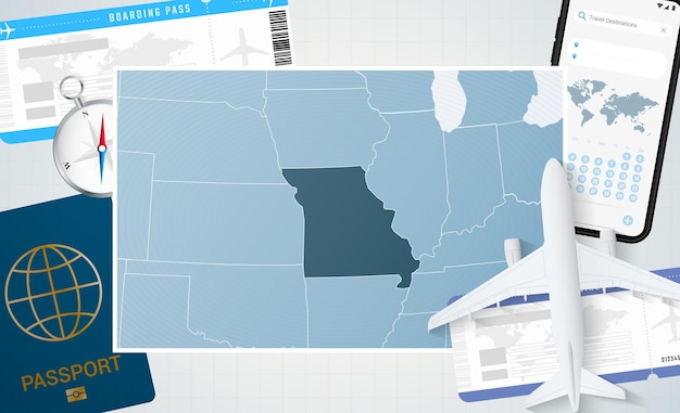 비행기 휴대폰 여권 나침반과 티켓이 있는 미주리 배경 지도가 있는 미주리 일러스트레이션으로의 여행