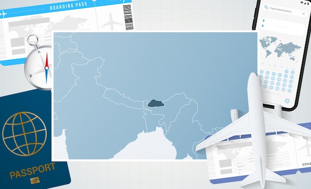 飛行機携帯電話パスポート コンパスとチケットとブータン背景の地図とブータン イラストへの旅