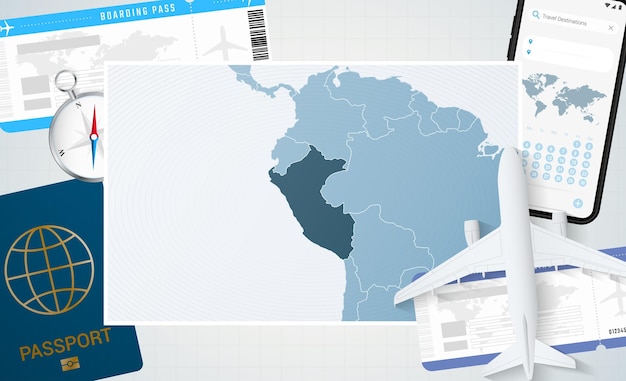 Иллюстрация путешествия в перу с картой перу фон с компасом паспорта мобильного телефона самолета и билетами