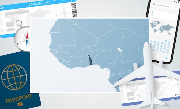 Journey to Togo illustration with a map of Togo Background with airplane cell phone passport compass and tickets