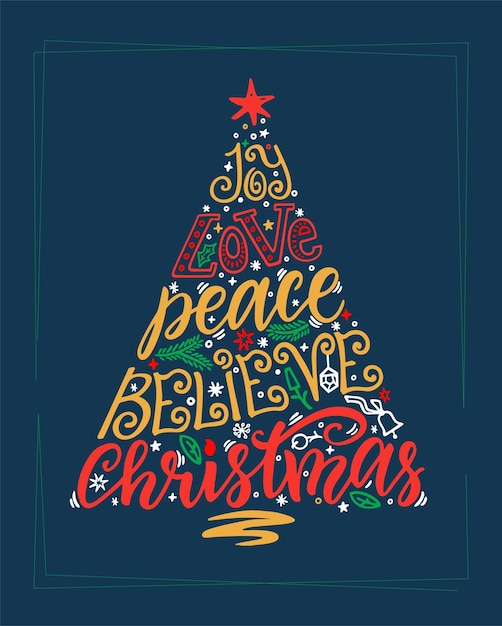 Joy Love Peace Believe Christmas Quote kalligrafie Merry Christmas hand belettering vakantie elementen