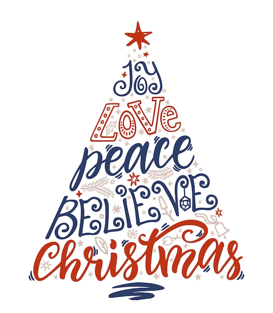 Joy love peace believe quote kalligrafie merry christmas hand belettering holiday elementen