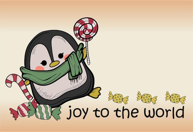 Joy to the World Text with a Penguin Greeting Card Composition Template for Celebration Illustration 02