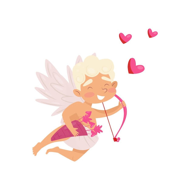 Angel dell'amore gioioso in azione volante cupido con arco e frecce rosa bambino con piccole ali elemento grafico colorato per la cartolina di san valentino icona vettoriale piatta isolata su sfondo bianco