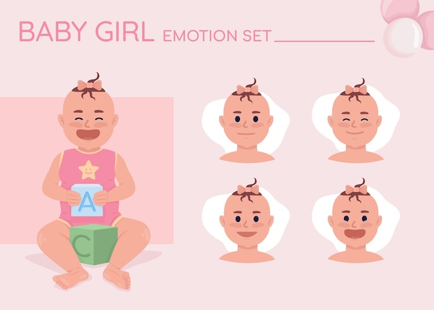 Joyful baby girl semi flat color character emotions set