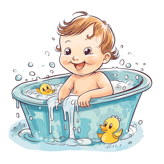 Vector joyful baby taking a bubble bath with rubber duckies