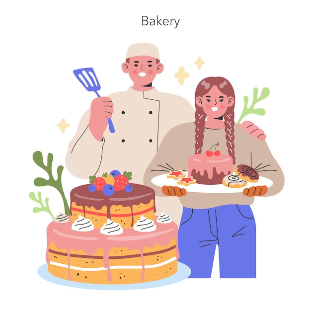Joyful bakery duo a pastry chef with a spatula and a baker with a tray of sweets celebrate the art