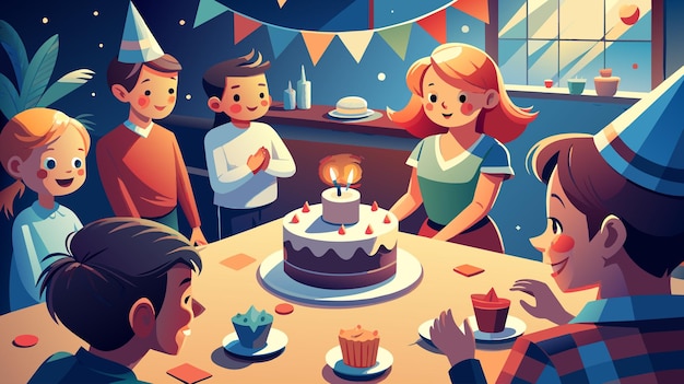 Вектор Радостное празднование дня рождения с друзьями и торт в помещении ночью