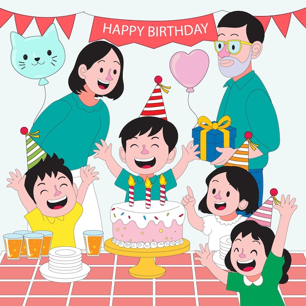 Joyful birthday scene with parents child gift and friends celebrating together