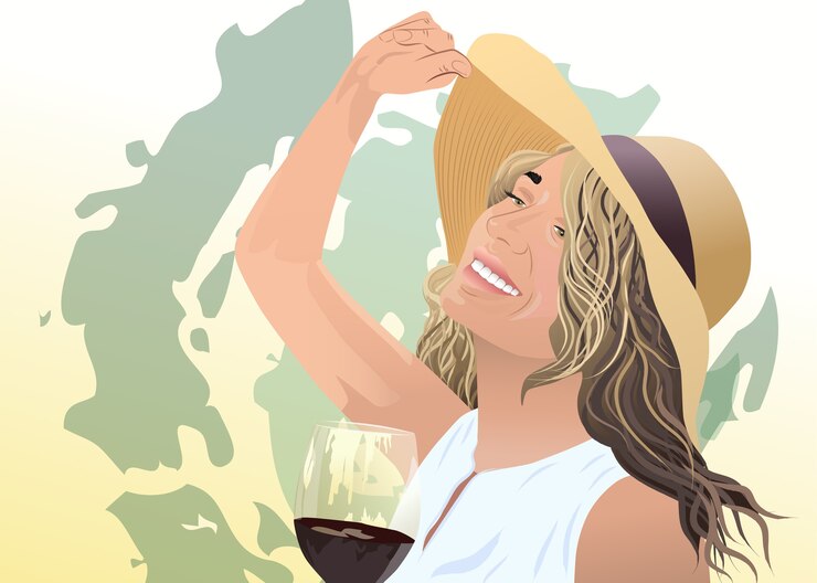 Vector joyful blonde woman in sunhat and white blouse with a glass of wine in her hand green abstract strokes