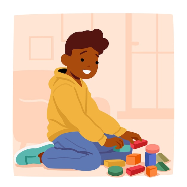 Joyful Boy Character Engrossed In Imaginative Play Manipulating Toys With Enthusiasm Fostering Creativity And Learning Through Tactile Exploration of Wooden Block Cartoon People Vector Illustration